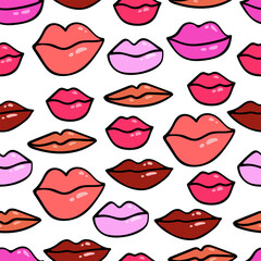 Fototapeta na wymiar Hand drawn vector female lips of different shapes seamless vector pattern. Highlight lips in doodle style.