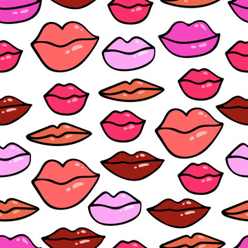 Hand drawn vector female lips of different shapes seamless vector pattern. Highlight lips in doodle style.