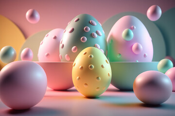 Pastel color spring easter background with paintig decorative eggs, generative ai