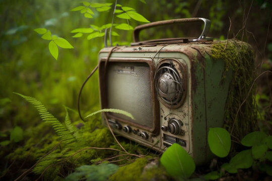 Generative ai image of a old radio abandoned and engulfed by vegetation.
