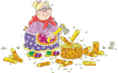 Funny granny diligently chopping firewood with an axe in a yard for a stove of her village house, vector cartoon illustration isolated on a white background