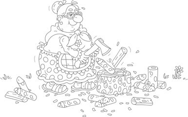 Funny granny diligently chopping firewood with an axe in a yard for a stove of her village house, black and white outline vector cartoon illustration for a coloring book