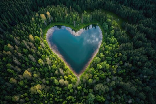 Heart shaped lake in the middle of leafy forest. Generative AI