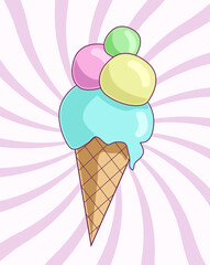 Ice Cream poster with triple ice cream in waffle cone, summer old-fashioned banner in vintage 1960-1970s style, vector poster, banner, advertise for cafes, restaurants, bars.