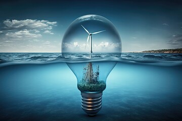 Light bulb with isolated wind turbine inside, blue sea. Generative AI