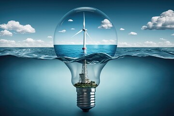 Light bulb with isolated wind turbine inside, blue sea. Generative AI