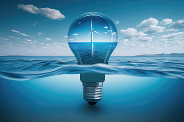 Light bulb with isolated wind turbine inside, blue sea. Generative AI
