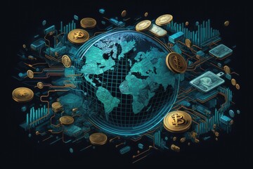 Exchange your cash for bitcoins by investing in them. Conceptual illustration of a global cryptocurrency and electronic payment system. Generative AI