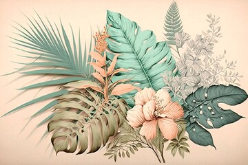 Beautiful composition of tropical plants. Vintage effect. Original design for postcard or poster. Old paper effect. Generative AI illustration.