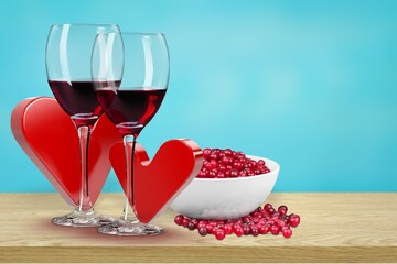 Tasty fresh cheese with berries and wine glasses,