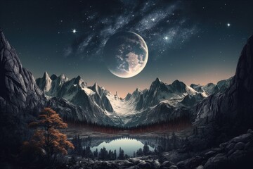 beautiful mountain scenery with moon and shooting stars. Generative AI