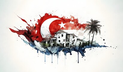 Watercolor turkish huge earthquake a half broke flag and lots of house destruction, Broken Flag of Turkey, republic Turkish earthquake 2022