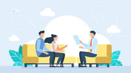 Agent speaking with young couple. Offering the best mortgage deal. Consultation. Mortgage broker consulting couple, good deal financially, real estate business, brokerage company. Flat illustration