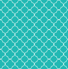 Seamless background of geometric islamic trellis pattern in mint with white repeating outline