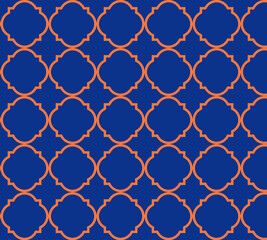 Moroccon background of geometric islamic trellis pattern in blue with orange repeating outline. Ramadan Islamic Background.Decorative geometric quatrefoil background.