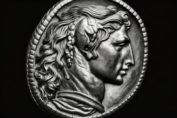 Fototapeta premium Head of Alexander the Great on a 290 BC Lysimachus ancient Greek coin. Old uncommon silver tetradrachm isolated on black, macro. Ancient history, rare coin, and the idea of Hellenistic Greece
