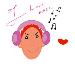 digital illustration of a red-haired man with two earrings in his ears in headphones listening to music on the radio