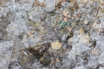 Ice crust on the ground. Winter nature. Frozen water. Cold weather. Melting ice backdrop. Frosty nature in details. Crushed ice on grass. Ice close up.