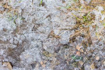 Ice crust on the ground. Winter nature. Frozen water. Cold weather. Melting ice backdrop. Frosty nature in details. Crushed ice on grass. Ice close up.