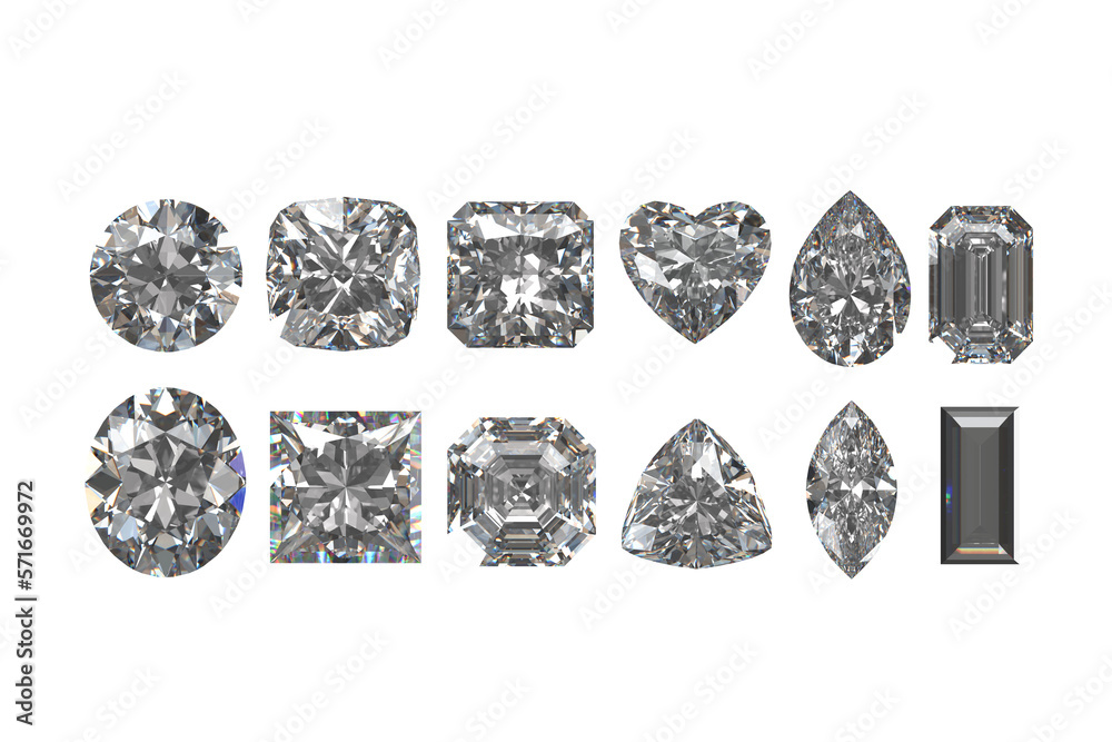 Poster 3d render diamonds multiple type transparent background in top view