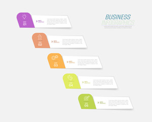 Business infographics. 5 stages of achieving the goal. Stages of the workflow, development, marketing, plan or training. Business strategy with icon icons. Report or statistics schema