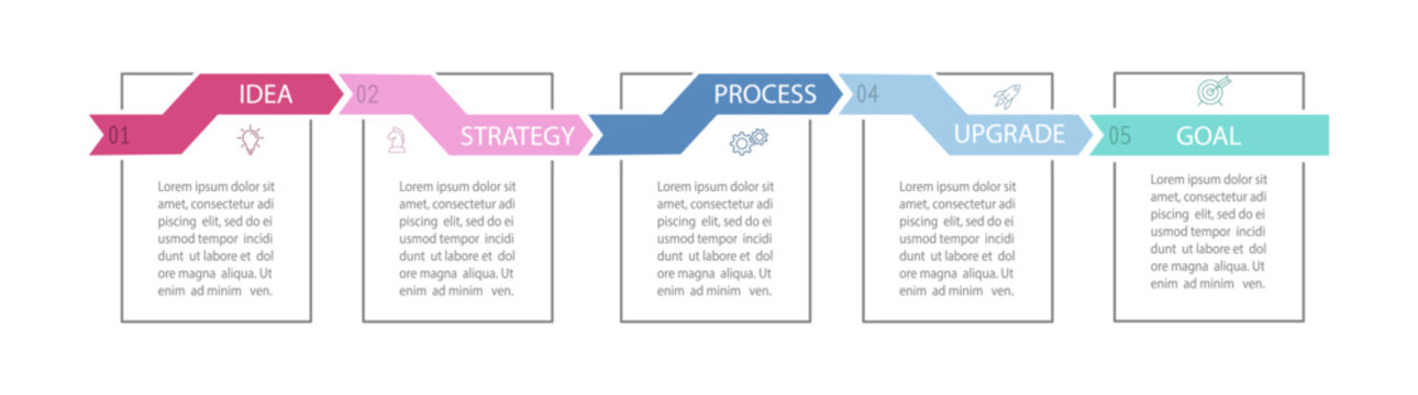 Business Infographics. 5 steps to achieve the result. Stages of development, workflow, marketing or plan. Business strategy with icons. Diagram of the report, statistics and training