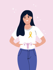 Young smiling girl points to the female reproductive organ.Endometriosis awareness tape. A woman and a symbol of womens health. World Endometriosis Awareness Day.