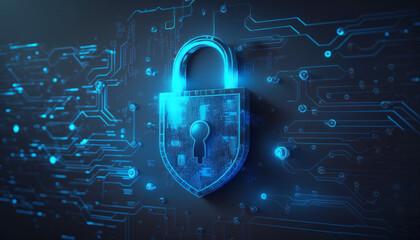 Digital cyber security shield padlock, modern technology abstract background concept generative ai