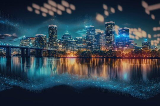 Panoramic View Of The Potomac River And The City Skyline Of Washington As It Faces The Business District Of Arlington. Virginia. Holographic Artificial Intelligence Concept. Robotics, Artificial Intel