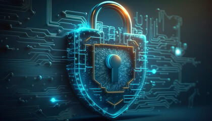 Digital cyber security shield padlock, modern technology abstract background concept generative ai