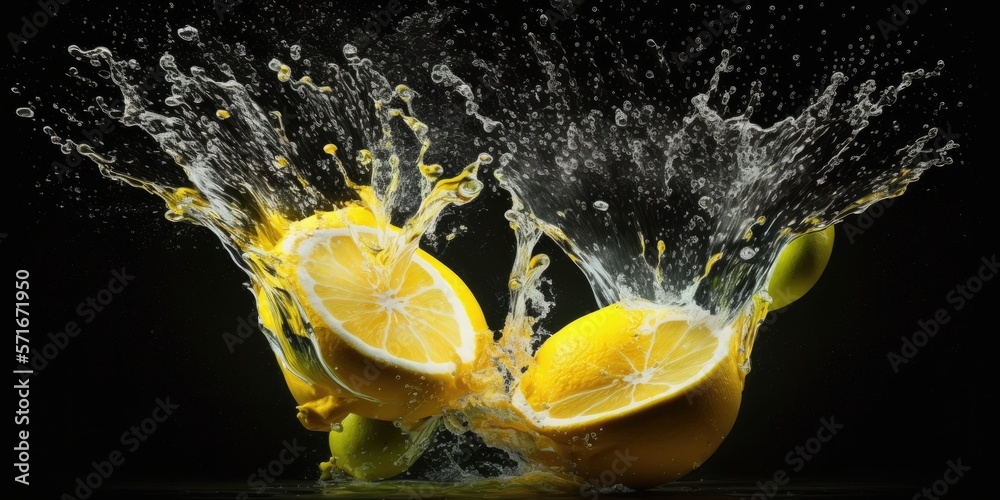 Poster Lemons are energizing, pure, and feature water splashes. Generative AI