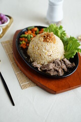 Nasi Goreng daging sapi  Fried Rice with beef. on white background