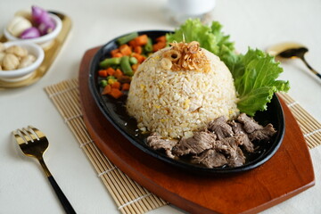 Nasi Goreng daging sapi  Fried Rice with beef. on white background