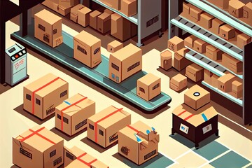 Automated production line at a factory, warehouse, or post office, surrounded by a conveyor belt laden with cardboard boxes carrying packages of various products Animated cartoon. Generative AI