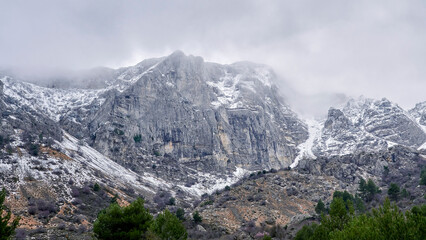 Sierra de Aitana with snow. The Sierra de Aitana is the highest point in the Province of Alicante with 1,557 meters of altitude. Located in Benifato, In Benifato , Alicante, Spain.