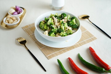 Tumis brokoli or stir fry sauteed spicy broccoli served in a bowl