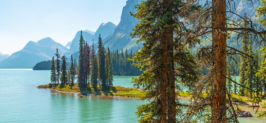 Spirit Island with Maligne Lake panorama, Jasper national park, Alberta, Canada.