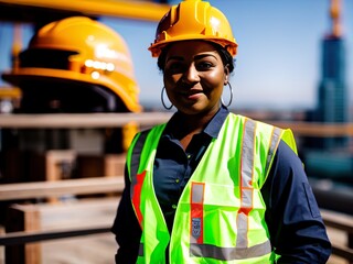Woman wearing hard hat on a construction site. Made with Generative AI.	
