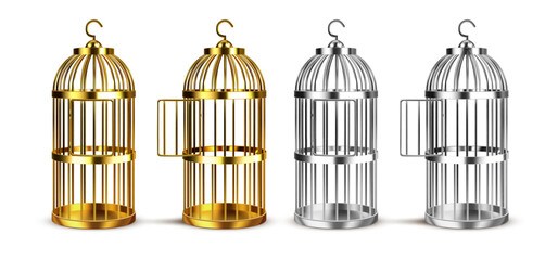 Realistic Detailed 3d Metal Cage for Birds Set Closed and Open View. Vector illustration of Empty Birdcage