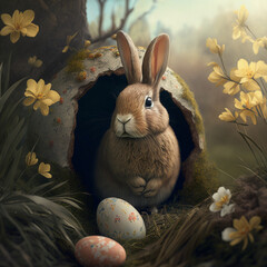 brown easter bunny with eggs in the forest Generative AI, IA, Generativa