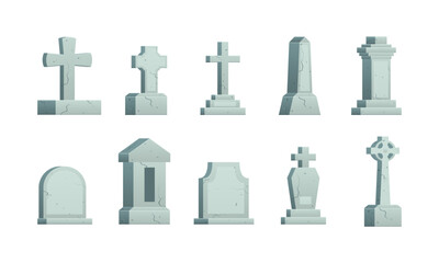 Cartoon Color Different Tombstones and Cemetery Crosses Set Graveyard or Memorial Concept Flat Design Style. Vector illustration