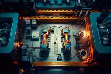 Obraz premium Top View Car Factory with Automated Robot Arm Assembly Line Manufacturing . Sublime image. Generative AI