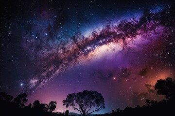 Obraz na płótnie Canvas Panorama purple and blue night sky milky way and star on dark background.with noise and grain.Photo by long exposure and select white balance. Generative AI