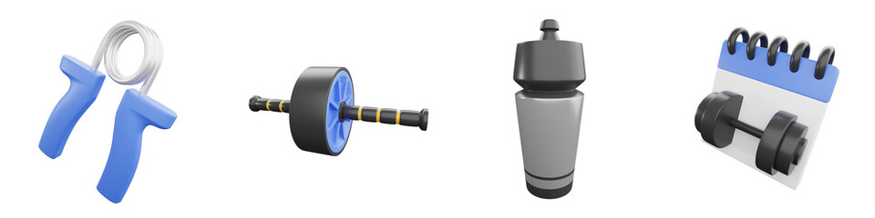 3D illustration of fitness equipment.Sport symbol and icon for healthy lifestyle 3d icon items for gym fitness roller water bottle gym calender vector illustration fit for website for gym business