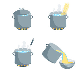 Cartoon Color How to Boiling Pasta Set Concept Flat Design Style. Vector illustration of Preparation Spaghetti