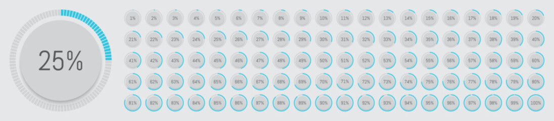 Percentage diagram icons. Pie chart. Progression from 1 to 100.