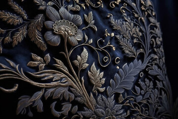 Embroidery floral abstract fantasy design luxury denim blue jeans country fabric art background,genertive ai.