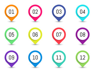 Bullet point markers with shadow. From 1 to 12.