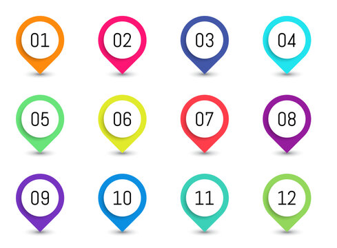 Bullet point markers with shadow. From 1 to 12.