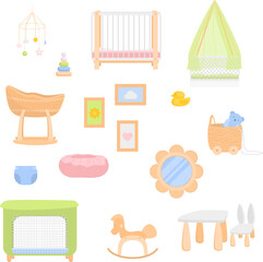 Cartoon Color Newborn Furniture and Nisery Interior Set Flat Design Style Include of Bed and Cradle. Vector illustration